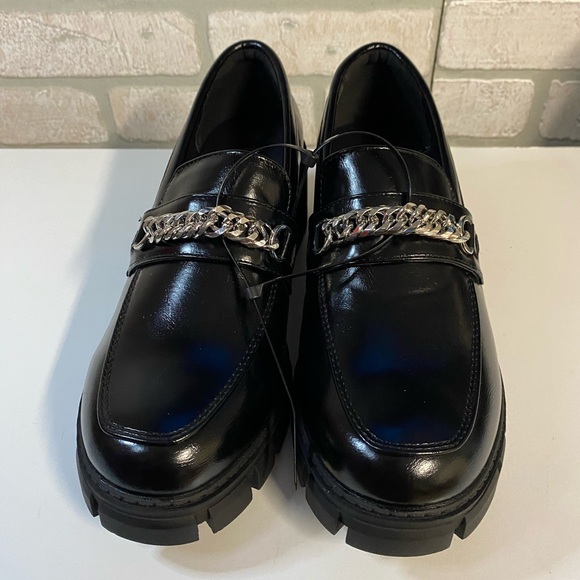 Black Chunky Platform Loafers with Chain Accent - Picture 2 of 8